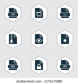 Types icons set with organize, folio, code and other special elements. Isolated vector illustration types icons.