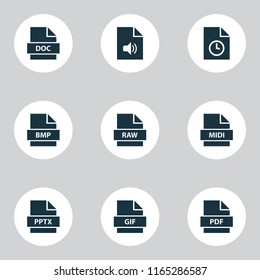 Types icons set with raw, audio, file and other bitmap elements. Isolated vector illustration types icons.