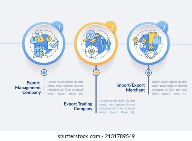 Tipos de plantillas de infografía de círculo de negocios de importación y exportación. Visualización de datos con 3 pasos. Gráfico de información de la línea de tiempo del proceso. Diseño de flujo de trabajo con iconos de línea. Lato-Bold, fuentes regulares usadas