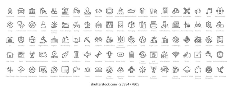 Symbole für Industrietypen. Bearbeitbarer Strich. Technologie, Finanzen, Gesundheit, Automotive, Energie, Einzelhandel, Bauwesen, Gastgewerbe, Tourismus, Bildung, Landwirtschaft. Vektorgrafik.