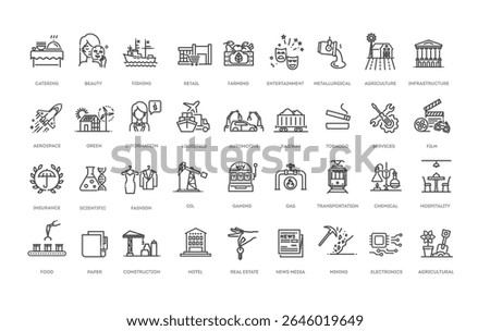 Types of Industries outline icons. Vector illustration