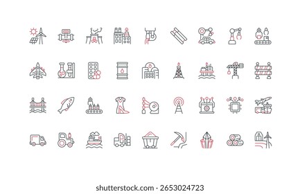 Types of industry, electricity and energy production, metallurgy, farming line icon set. Chemical research and pharmaceuticals, electronics, food thin black and red symbols vector illustration