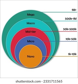 Types Of Influencers with Target Audience - Mega, macro, mid-time, micro, nano. Infographic template 