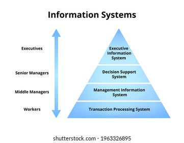 Types of information systems. Executive information system for executives, decision support system for senior managers, management information system, transaction processing system for workers.