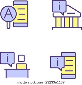 Types of informational support pixel perfect RGB color icons set. Current data. Online and offline services. Isolated vector illustrations. Simple filled line drawings collection. Editable stroke
