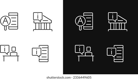 Types of informational support pixel perfect linear icons set for dark, light mode. Online and offline services. Thin line symbols for night, day theme. Isolated illustrations. Editable stroke