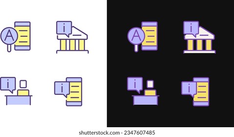 Types of informational support pixel perfect light and dark theme color icons set. Online and offline services. Simple filled line drawings. Bright cliparts on white and black. Editable stroke