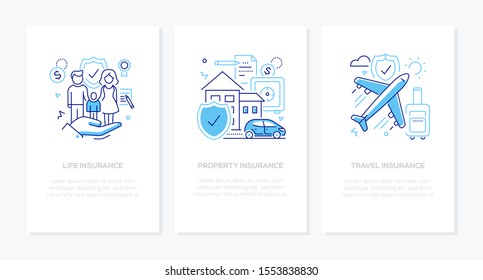 Types of insurance - line design style banners set. Thin linear illustrations with place for your text. Life, property, travel protection ideas. Images of family, house, plane. Health, safe flight