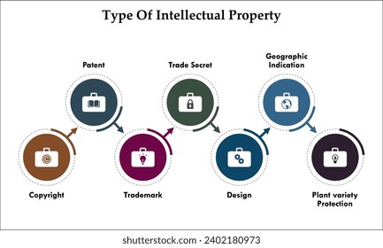 Types of Intellectual property - Copyright, patent, Trademark, Trade secret, Design, geographic indication, Plant variety protection. Infographic template with icons