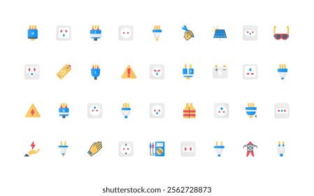 Types of international electrical plug and socket, different adapter and outlet, electrician tools infographic color icon set. World standard, electricity, connectors flat elements vector illustration