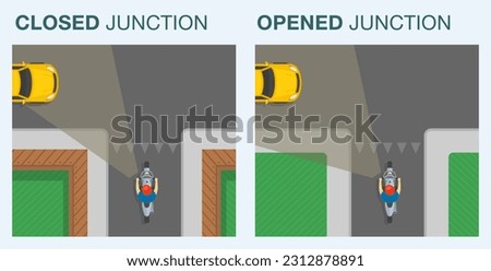 Types of intersection in residential area. Closed and open junctions. Top view of motorcycle rider on t-junction. Flat vector illustration template.