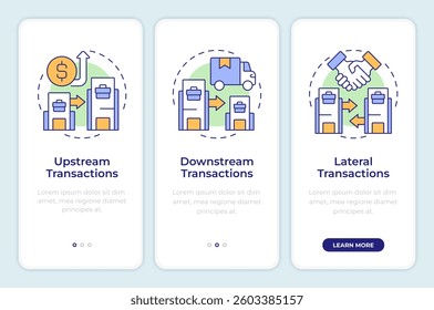Types of intra group transactions onboarding mobile app screen. Walkthrough 3 steps editable graphic instructions with linear concepts. UI, UX, GUI template