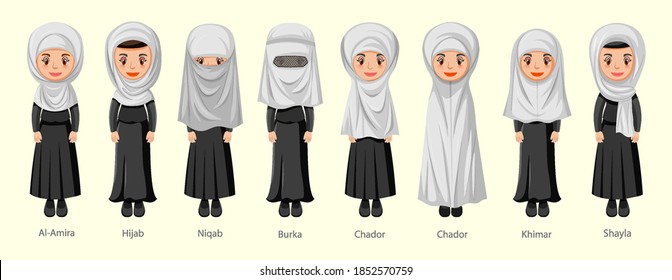 Types of Islamic traditional veils of female in cartoon character illustration