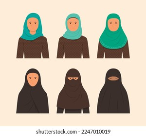 Types of Islamic Veils Set for Musilm Woman Dress Illustration