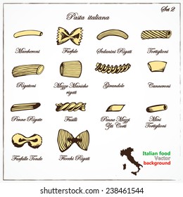 Types Italian pasta. Collection of Italian pasta. Sketches. Hand-drawing. Vector illustration. Elements for design.