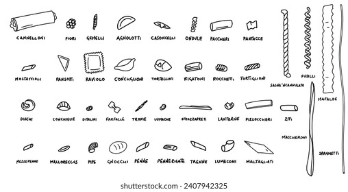 types of italian pasta hand drawn, doodle and vector illustration icons set
