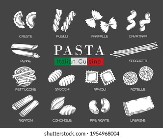 Types Italian pasta or macaroni, glyph white on black vector illustration. Italian food of ravioli, gnocchi, fettuccine and farfalle. Monochrome pasta of fusilli, rotelle, create and conchiglie.