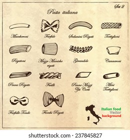 Types  Italian pasta in retro style. Collection of Italian pasta. Sketches. Hand-drawing. Vector illustration. Elements for design.