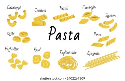 Types of Italian pasta. Vector food bundle. Macaroni illustration set. Spaghetti day