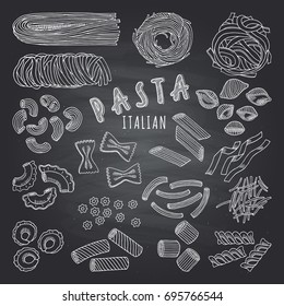 Types of itallian pasta. Hand drawn pictures on dark background. Icons set for restaurant menu