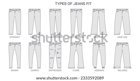 Types of jeans fit and most loved jeans fit. Straight, slim tapered, distressed, skinny and wide legged jeans fit. Jeans fit types guideline. Clothing style and fashion vector illustration. Casual