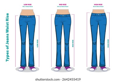 Tipos de Jeans ascensão de cintura - baixa ascensão, média ascensão, comparação de alta ascensão