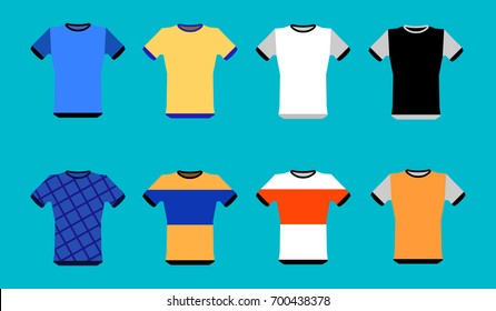 Types of jerseys set. simple icons of main jerseys . Yellow, red, blue, white pullovers isolated on blue background. Flat design Vector Illustration