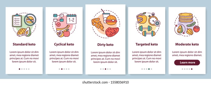 Types of keto diets onboarding mobile app page screen with linear concepts. Ketogenic meal, healthy nutrition. Low carbs food walkthrough steps graphic instructions. UX, UI, GUI vector template