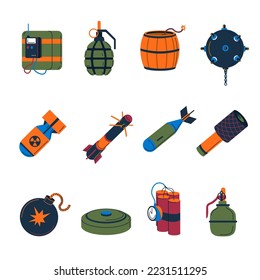 Tipos y tipos de bombas, temporizador y detonación. Misiles y cohetes con energía nuclear, explosión y daños. Fusión y fisión, armas para atacar conflictos militares. Vector de estilo plano