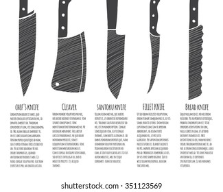 Types of kitchen knives. Vector infographic template with text area.