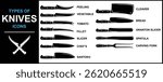 Types of Knives Vector Design, Knives Black and White Vector Drawing, Knives Icons set vector file.