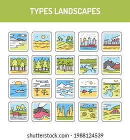 Types landscapes line icons set. Isolated vector element. Outline pictograms for web page, mobile app, promo. Editable stroke.