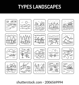 Types landscapes line icons set. Isolated vector element. Outline pictograms for web page, mobile app, promo. Editable stroke.