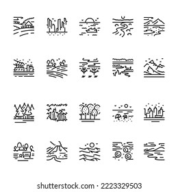 Types landscapes line icons set. Signs for web page
