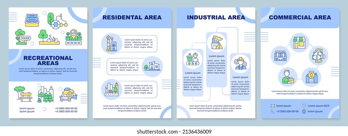 Types of land-use blue brochure template. Residential and industrial. Leaflet design with linear icons. 4 vector layouts for presentation, annual reports. Arial-Black, Myriad Pro-Regular fonts used