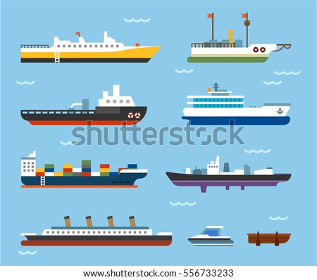 Types of large vessels on the sea big ship vector illustration flat design