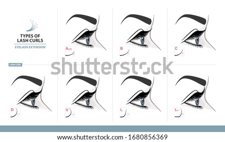 Types of Lash Curls.  Eyelash Extension for Most Attractive Look. Woman Eye with Long Thick Eyelashes. Side View. Macro, Selective Focus. Guide. Infographic Vector Illustration 