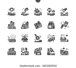 Tipos de césped. Cobertura profesional del césped. Equipamiento para césped y césped. Iconos sólidos vectoriales. Pictograma simple