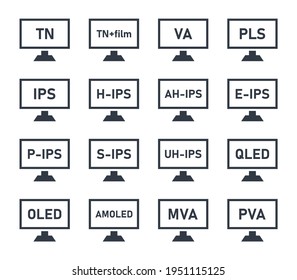 Types of LCD matrices icon set, monitor matrix display - IPS, VA, TN, OLED svg