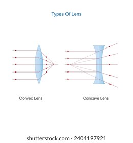 Types of lens. convex and concave lens. physics vector illustration.