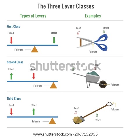 Types of Lever educational diagram including the three classes showing relation between fulcrum and resistance as a load and force as an effort showing their positions.