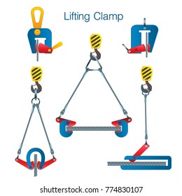 Types of lifting clamps for metal products. Rules for using a lifting clamp. Set of vector illustrations on white background