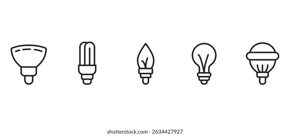 Types of light bulbs icon set. Vector icon set in transparent background. Editable stroke