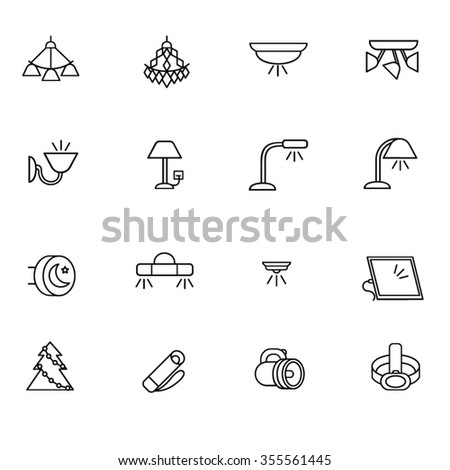 Types of lighting for indoor use as line icons / There are some types of lighting as chandelier, sconce, floor lamp and table lamp
