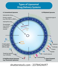 
Types of Liposomal Drug Delivery Systems, Conventional liposome, PEGylated Liposome, multifunctional liposome, Ligand targeted Liposome.
