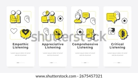 Types of listening mobile app onboarding screens. Emotional intelligence, empathy. Mental wellbeing. Flat UI UX design, yellow highlight with outline icons conceptual