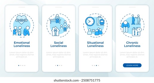 Types of loneliness blue onboarding mobile app screen. Walkthrough 4 steps editable graphic instructions with linear concepts. UI, UX, GUI template