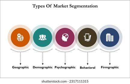Tipos de segmentación de mercado con iconos y marcador de posición de descripción en una plantilla de infografía