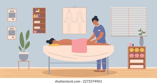 Types of massage flat composition with indoor interior scenery and female massage therapist rubbing clients back vector illustration