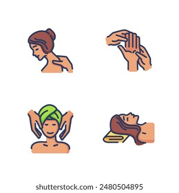 Types of massage line icon set. Massage of hands, head, neck and body. Spa centre concept. Vector illustration for web design and apps